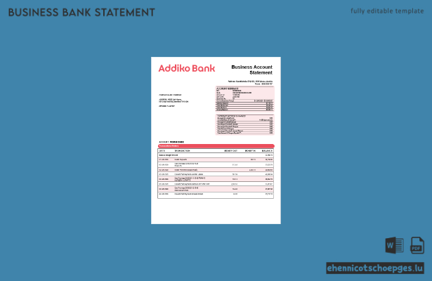 Addiko Geschäftskontoauszug (Word- und PDF-Format, Beispielvorschau)